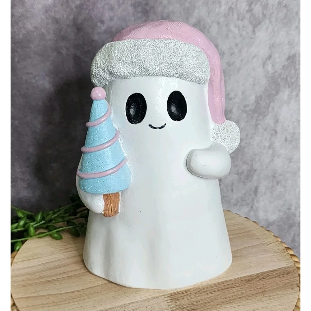 Ghost Figurine Pink Santa Hat With Christmas Tree Halloween Holiday Decor 8